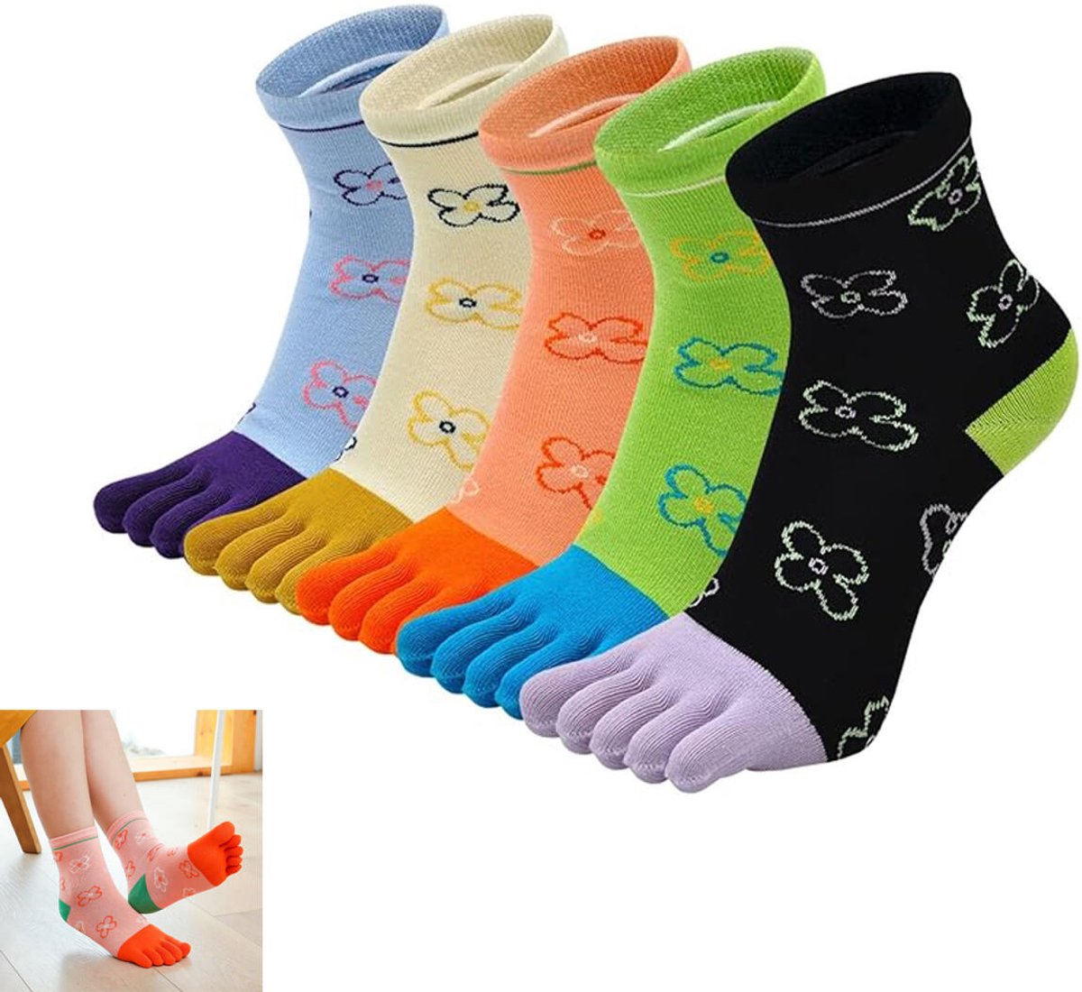 5 pairs - Toe socks - toe socks - Women's toe socks - cotton socks - sports socks - yoga socks - separate toe socks - soft and breathable cotton socks - toe-separated cotton socks - socks with floral pattern