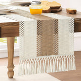 Table Runner - 30 x 183 cm - Bohemian Table Runner - Macrame Style Bicolor Stitching Table Runner - Small Dinner Tablecloth - Boho Neutral Table Runners - Farmhouse Woven Home Decor