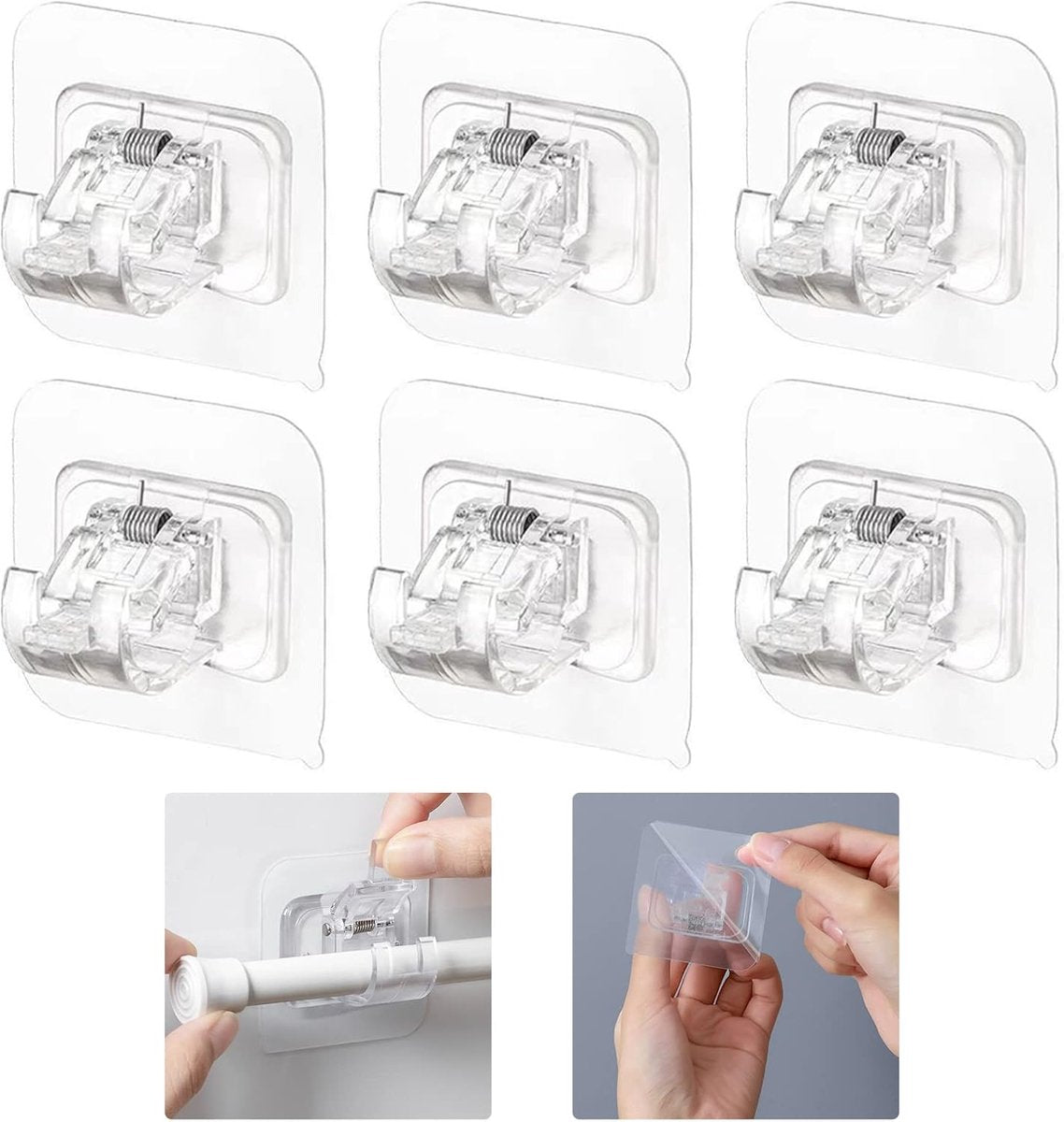 6 pieces - Curtain rod hook - 6*6 cm - drill-free curtain holders - self-adhesive curtain rod holders - drill-free curtain hooks - curtain accessories - for curtain rods, towel racks, bathrooms, kitchens - transparent