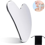 85*55mm - Stainless Steel Gua Sha Facial Instruments - Lymphatic Drainage Massage - Gua Sha for the Face - Metal Gua Sha - Skin Self-Care - Facial Sculpting Gua Sha - for the Body, Eyes, Jawline Shaper - with Dust Bag - Silver