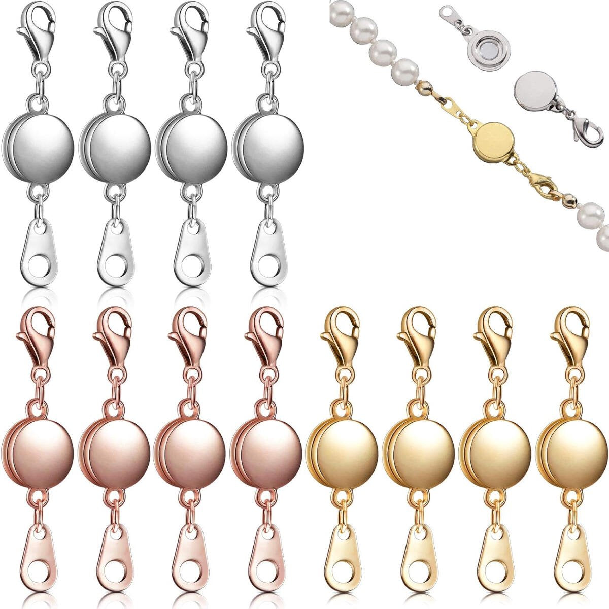 12 pieces - Magnetic jewelry clasps - lockable magnetic jewelry clasps - magnetic clasp - round chain clasps - bracelet extenders - for jewelry making, gift projects - gold, silver, rose gold