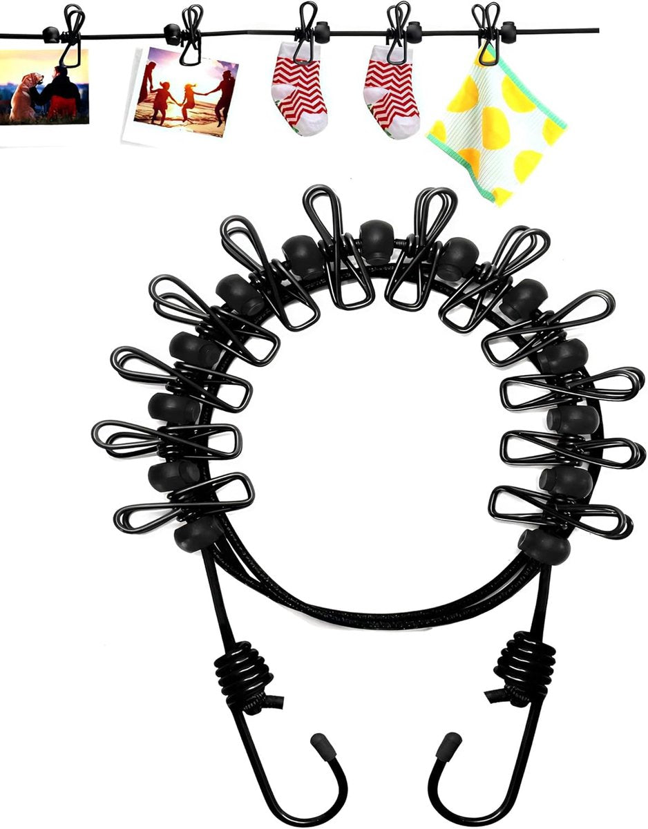Portable clothesline with 12 clothespins and elastic bands.