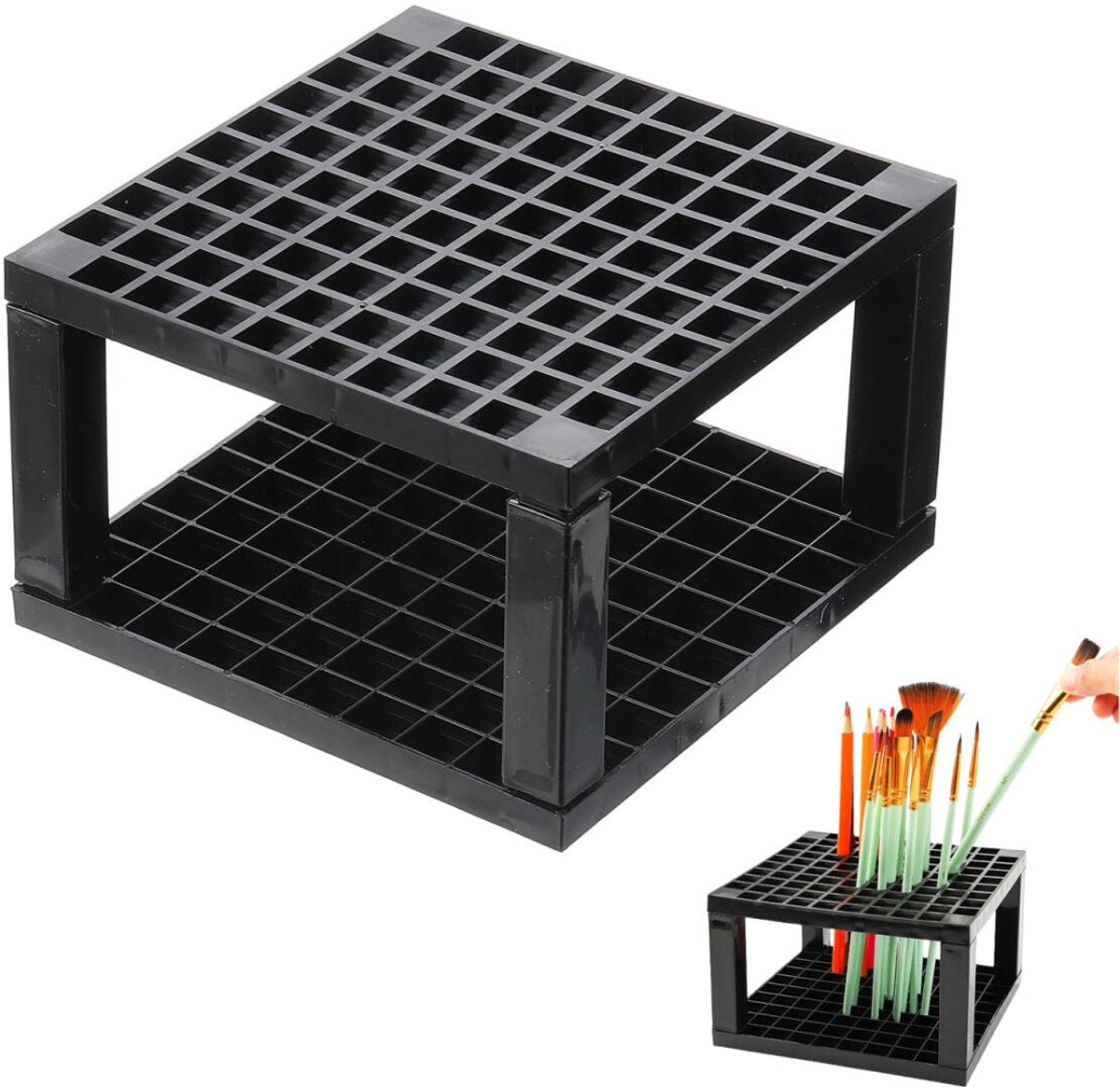 96-hole - Pen tray - Pen holder - Pencil holder - Brush holder - Plastic desk organizer stand - Makeup brush holder - Art supplies - Organizer - Modeling tools - for pencils, art brushes, pens, paintbrushes, office - black