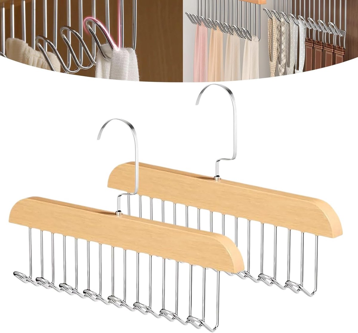 2 pieces - Clothes hanger - belt holders - scarf rack - bra holders - tie hangers for the closet - wooden bra hangers - with 8 hooks - 360° rotatable tank top hangers - closet accessory - for the closet - for belt, tie, tank top, bra, scarf - 28 cm