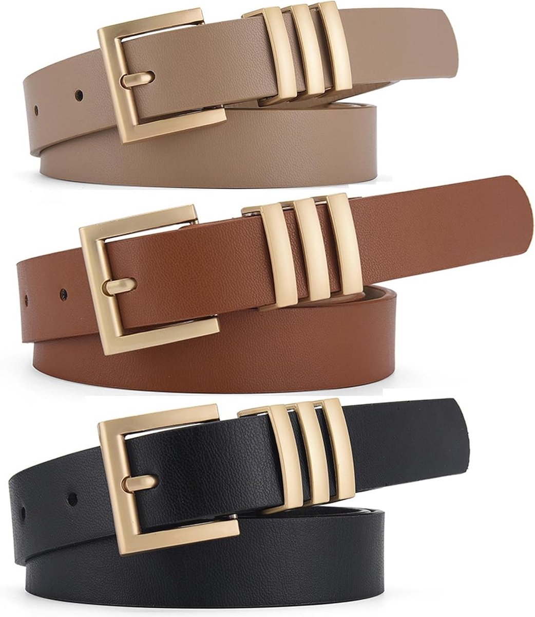 3 pieces - belt - women's belt - elegant simple belt - waist belt for jeans - belt with round buckle - retro women's belts with gold buckle - for jeans , clothing , casual decoration - black , brown , khaki - 105*2.4 cm