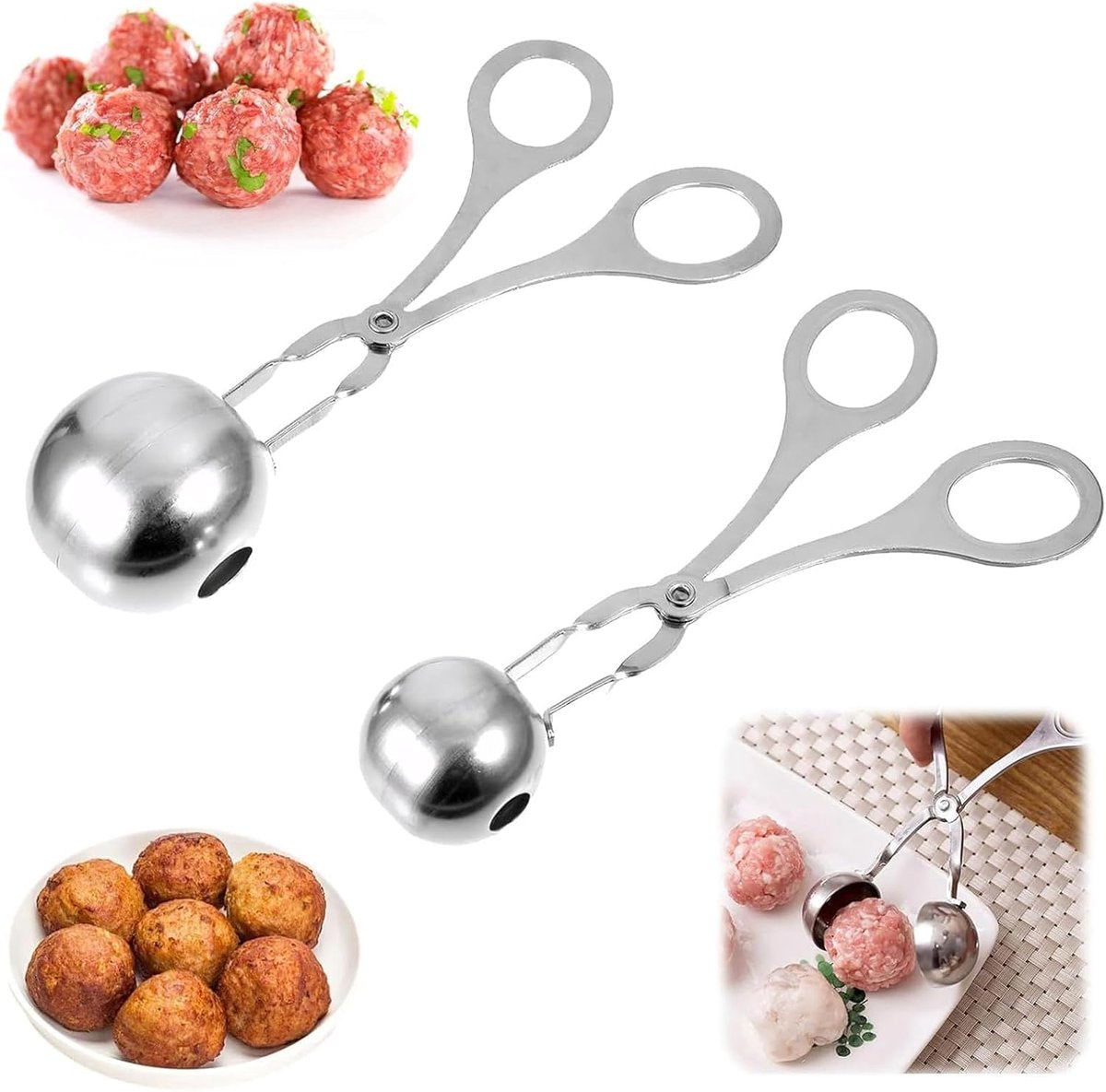 2 pieces - Meatball maker - Meatball tongs - Meatball mold - Meatball spoon - Tongs - Non-stick meatball tongs - Ice cream scoop - Clamp mold - Kitchen utensil - Diameter 3.5 cm, 4.5 cm - for making meatballs, ice cream, rice balls and fruit - silver