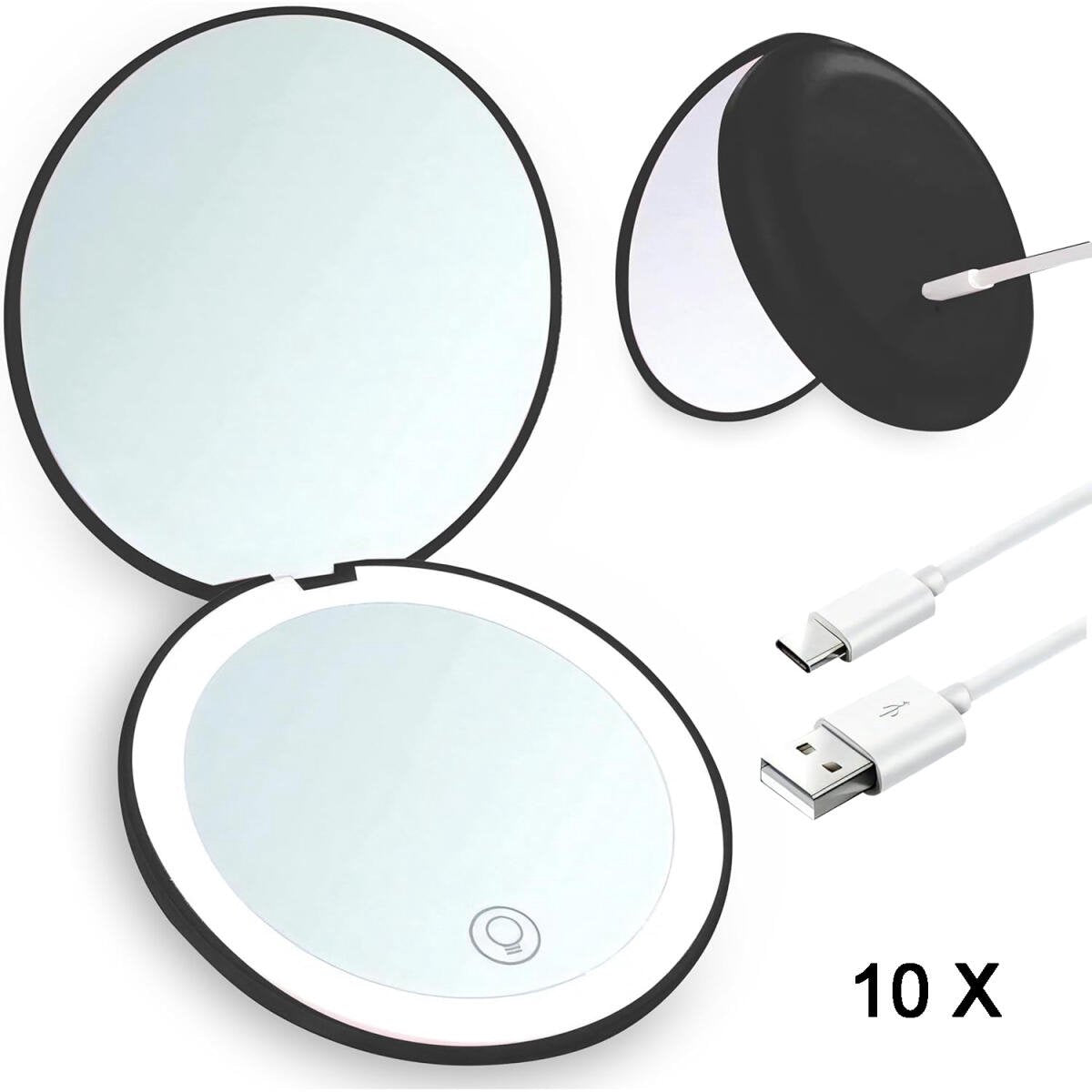 Makeup mirror - Illuminated compact mirror - rechargeable - 1x/10x magnifying makeup mirror - Mirror - portable travel makeup mirror - with natural daylight and LED lighting - small dimmable illuminated mirror - for handbag - 9*1.8 cm - black