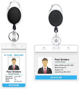 2 Pieces Heavy Duty Retractable Badge Holder - Extendable Keychains - D-Clip - with Carabiner - Waist Clip Drawstring - Badge Holder Drawstring - Retractable Reel ID Badge Card Holder - Vertical - Card Holder Drawstring - Clip ID Holder - Black/Silver