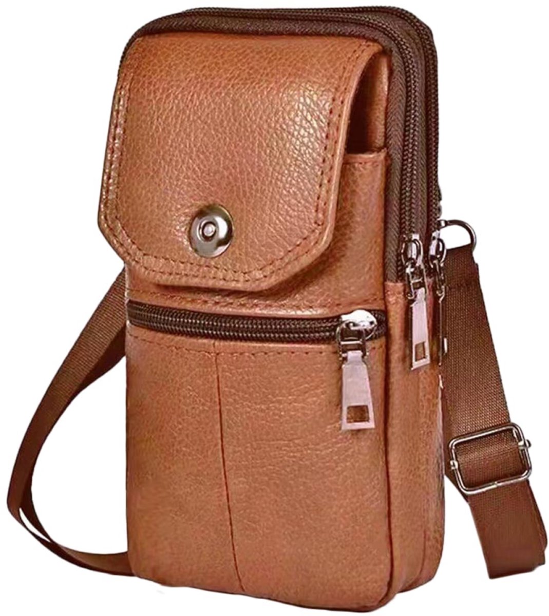 Leather Belt Bag - with Shoulder Strap - Leather Phone Waist Bag - Standing Small Belt Bag - Belt Bag - Men's Leather Shoulder Bag - Phone Holder - Vertical Phone Holder - Waist Belt - Smartphone Bag - Organizer - Waist Bag - Wallet - Shoulder Bag - Yello