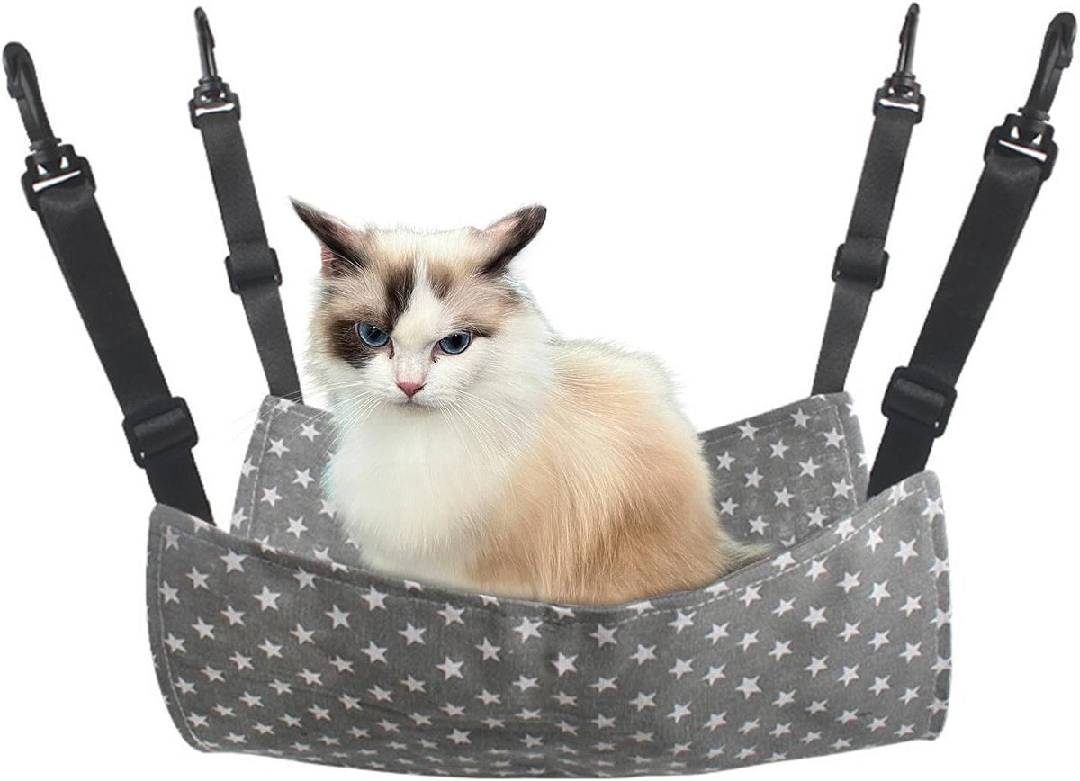 Cat Hammock - Hammock for cats - hanging pet bed - hammock for pets - with hooks - for Kittens, Puppies and Small Pets - Adjustable Straps - Pet Swing - cat bed - for cages and gardens - 53*35 cm - grey stars