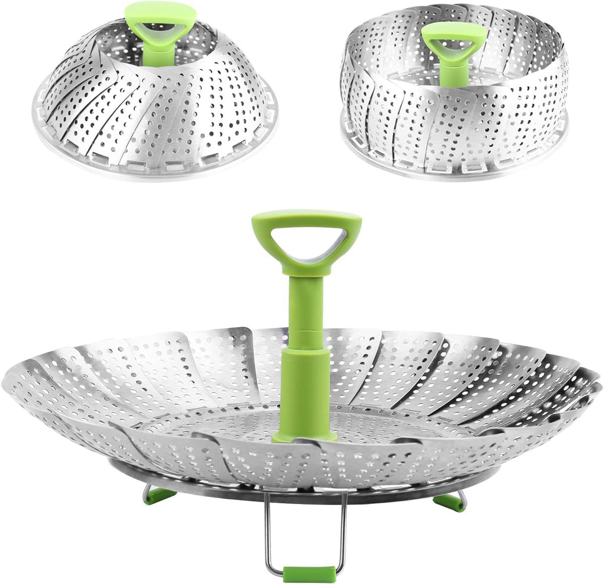 Vegetable steamer - Steamer basket - Stainless steel steamer - Fits all pans - Retractable - Adjustable - Foldable steam liner - With telescopic handle - silver