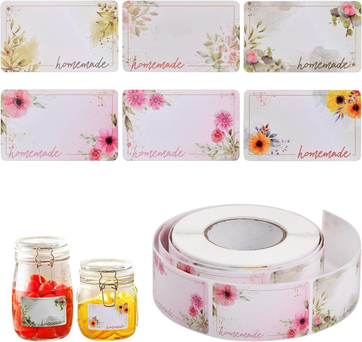 Self-adhesive jam labels - 500 pieces - 3x5 cm - easy-to-remove adhesive food labels - with floral pattern - for refrigerator, kitchen containers, and bottles