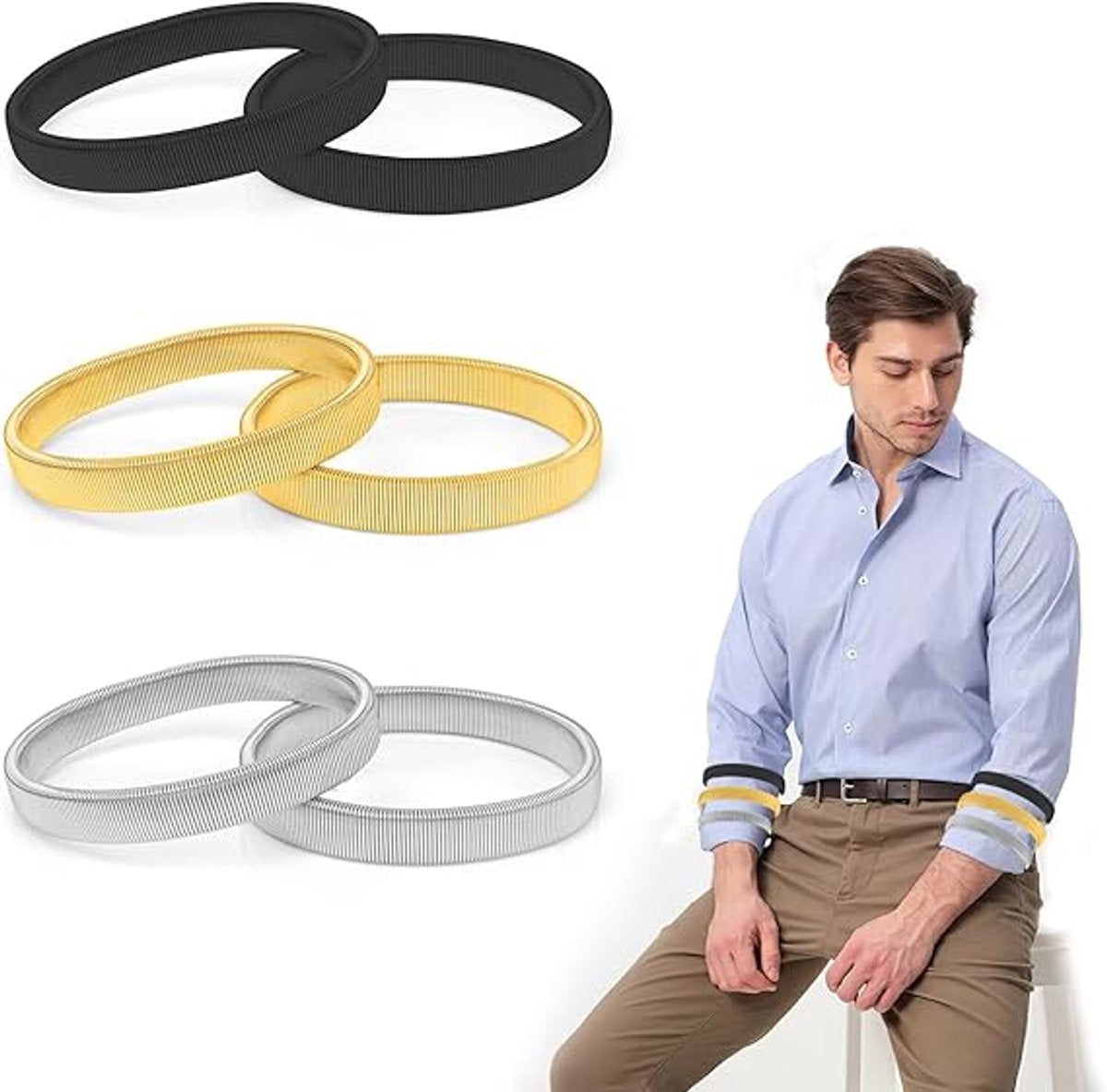 Sleeve Holder - 3 Pairs - Sleeve Holder - Sleeve Holders for Women and Men - Classic - Elastic - Women and Men - Sleeve Holders - Unisex Elastic Bracelets - Metal Sleeve Holders - Anti-Slip Bracelet