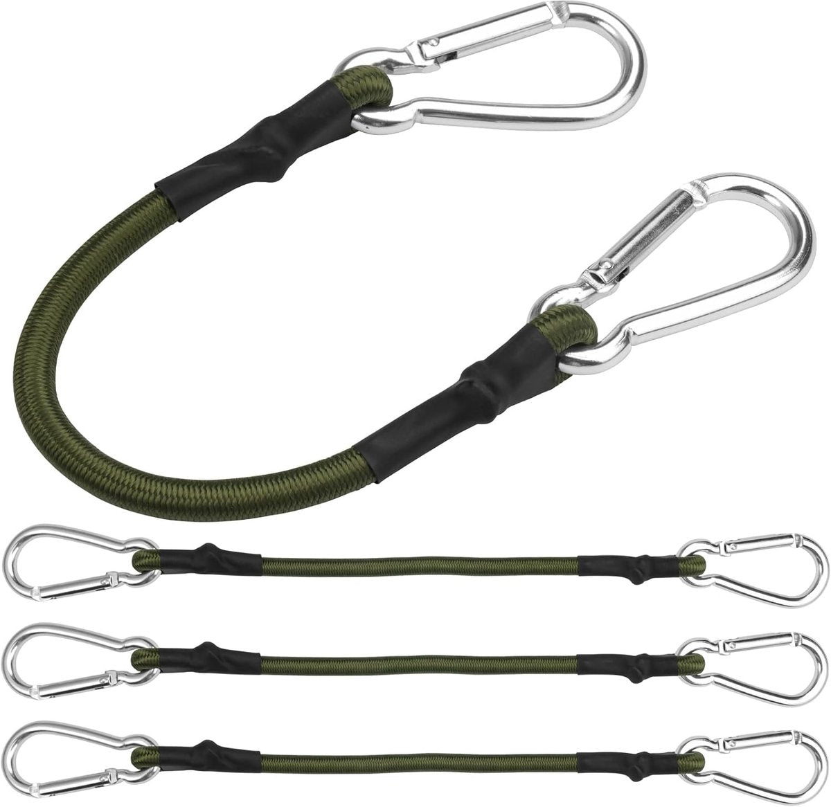 pieces - Elastic cord - with carabiner - 30 cm - Elastic luggage rope - Elastic bands - Luggage straps - Tie-down straps - Expander rope - Bungee cords - Carabiner elastic rope - for camping, sailing, tents, luggage, cars - green