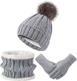 Hat with pompom, scarf and gloves - Three-piece Winter set - knitted fabrics - Warm Baggy Ski Hat - Winter Hat - Neck Warmer - Gloves - Touchscreen Gloves - for Outdoor play, skiing, motorcycling, windproof - for Men, Women - Grey