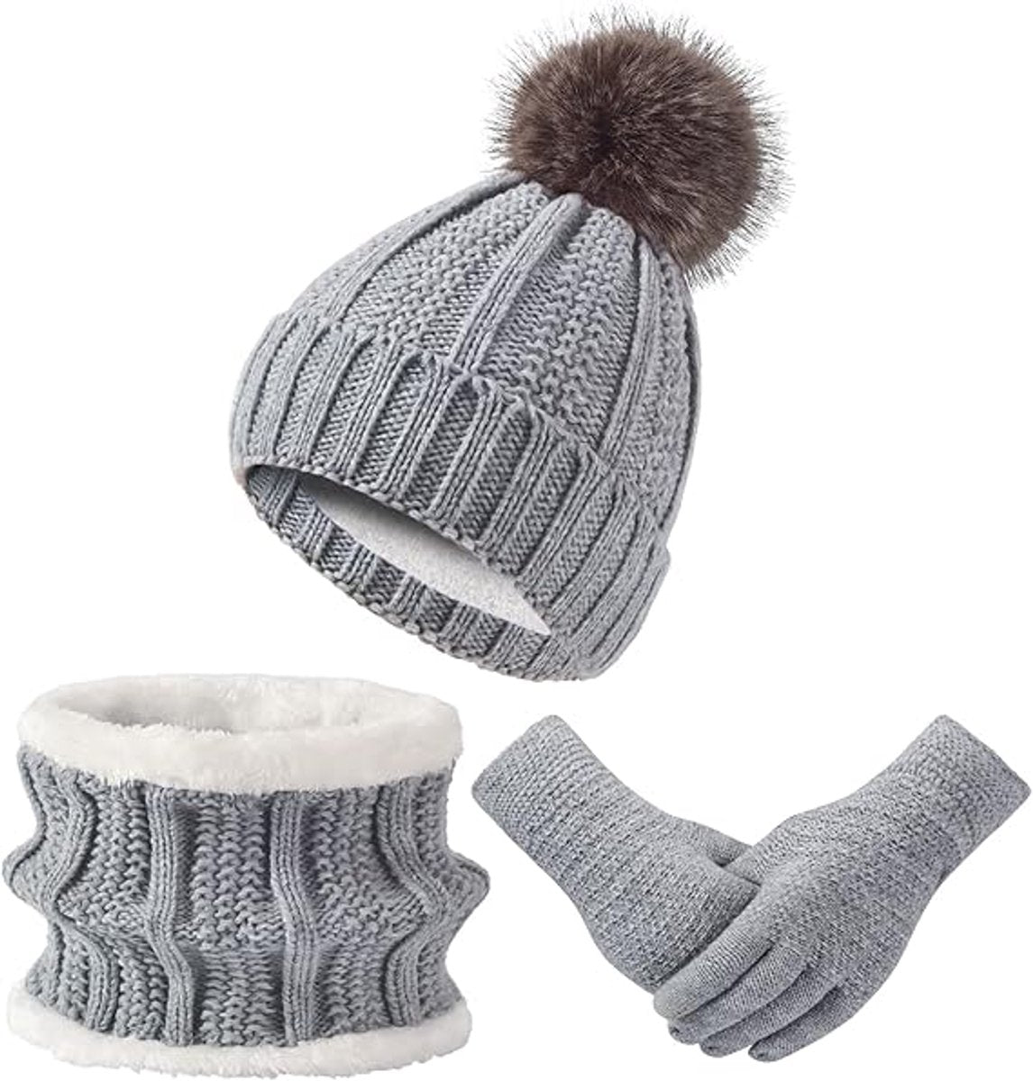 Hat with pompom, scarf and gloves - Three-piece Winter set - knitted fabrics - Warm Baggy Ski Hat - Winter Hat - Neck Warmer - Gloves - Touchscreen Gloves - for Outdoor play, skiing, motorcycling, windproof - for Men, Women - Grey
