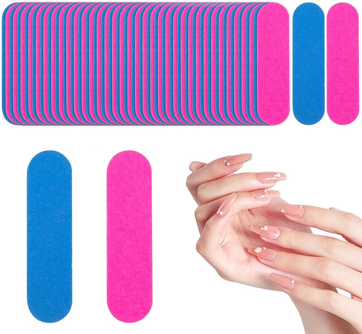 100 pieces - Sanding strips - Nail file - Mini wood file - Shaping nails - nail sanding strips - mini nail file - nail file set - mini nail files - manicure instruments - manicure - for home and salon use - 180/240 grit - 5*1.3 cm - pink, blue