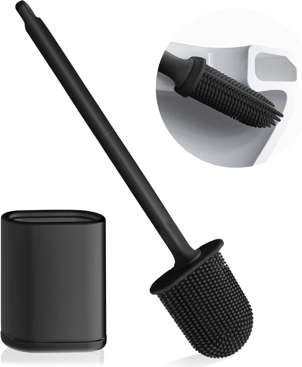 Toilet brush and holder set - Toilet brush - Deep cleaning - Silicone toilet brush - Flexible toilet brush head - Wall mounting - Freestanding toilet brush holder - Black