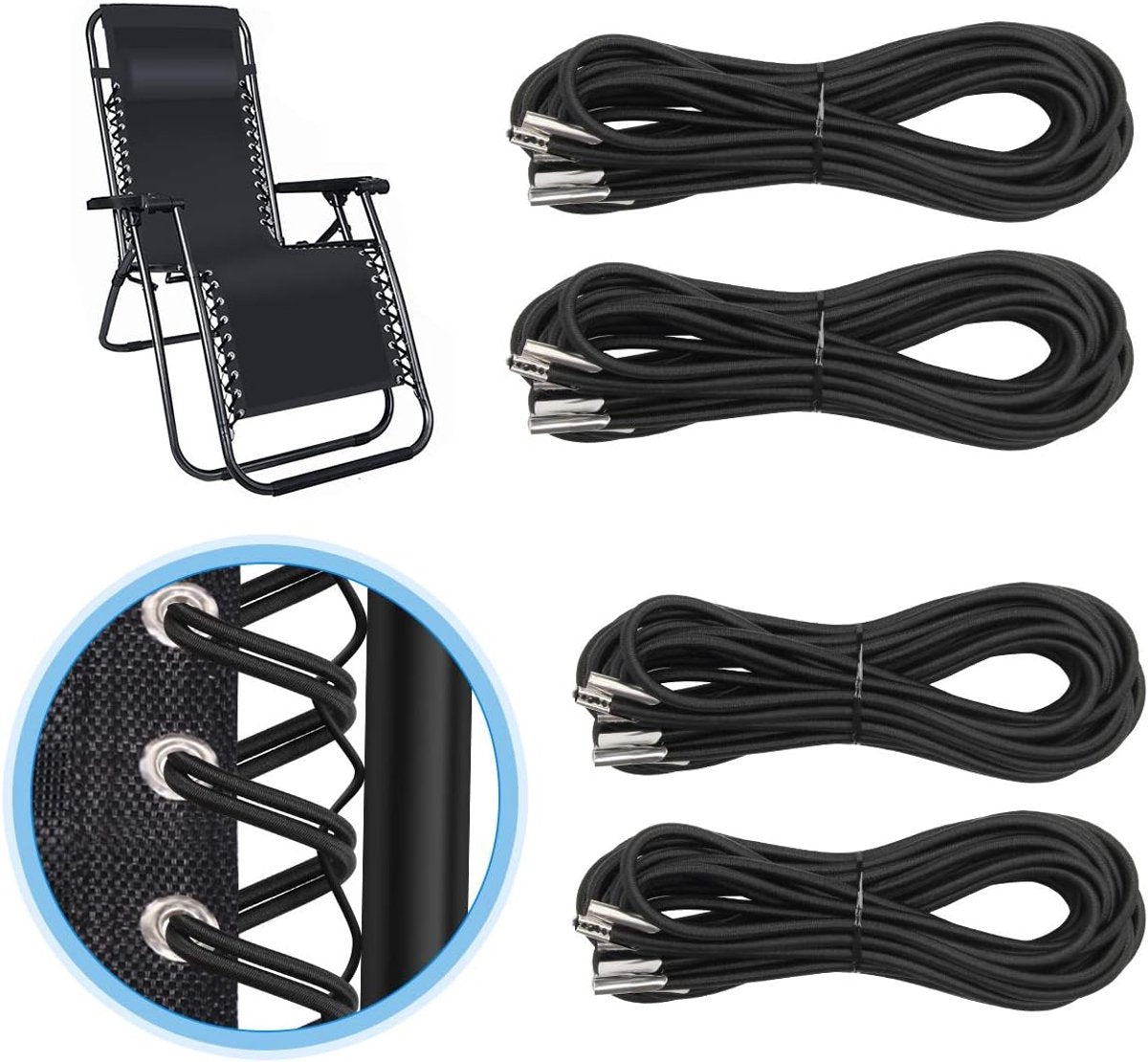 4 pieces - replacement cords - 1.4m and 2.2m - replacement rope for lounge chair - replacement rope for the chair - replacement elastic cords - accessories for recliners - for sun loungers and garden chairs - black