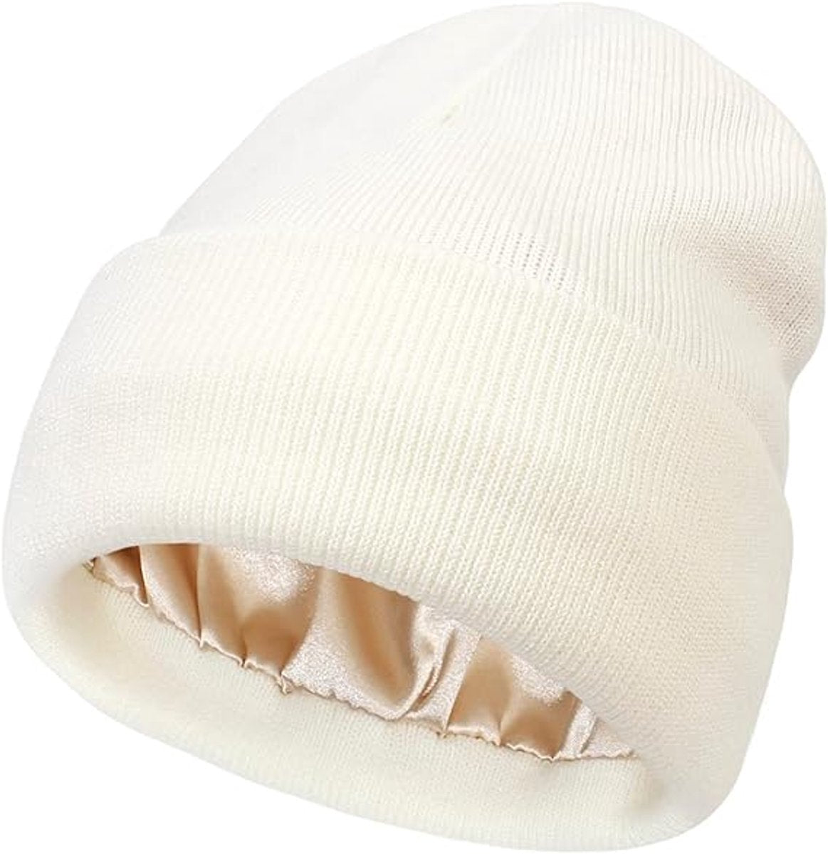 Hat - Knitted hat - Winter hat - Warm hat - Hat with satin lining - warm winter hat - knitted winter hat with fold-over brim - silk lining - soft knitted hat - warm and comfortable - for women and men - white