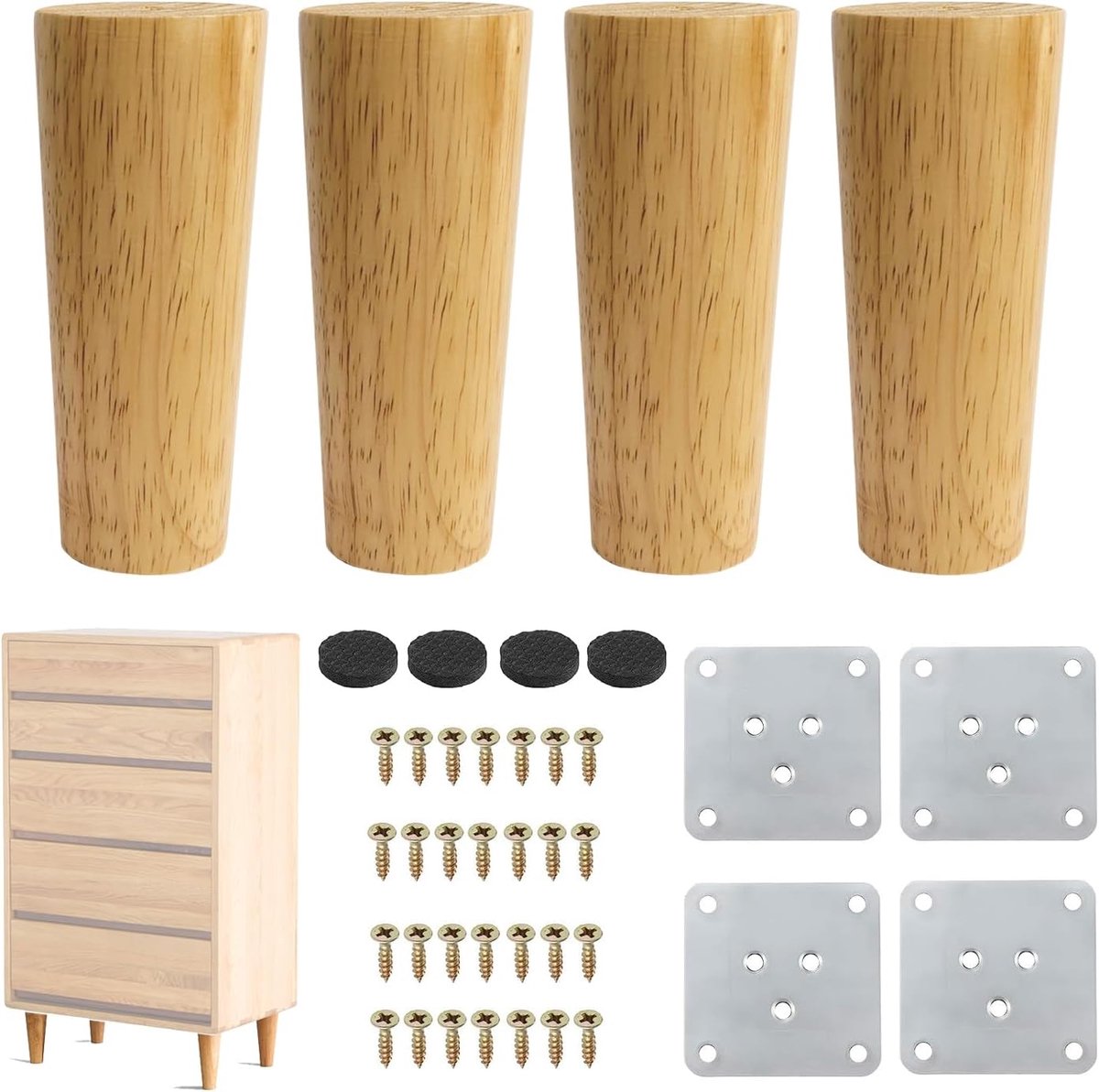 4 pieces - 15 cm - Furniture legs - Table legs - wooden furniture legs - solid tapered wooden table legs - replacement sofa legs - with screws and anti-slip protector - for TV cabinet, wardrobe, sofa, armchair, bed - brown