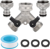 Double tap - 3/4" 2-way Y-splitters - tap adapter - garden tap dispenser - 2-way water distributor - with 2 rotary switches - Y-splitter - for washing machine and garden - 6.5*7.7 cm - silver
