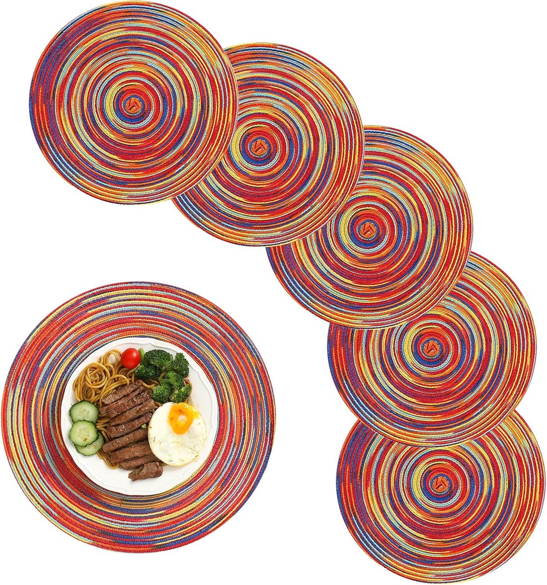 6 pieces - Table mats - Placemats - Round placemats - washable cotton placemats - round braided placemats - Round table mats - Woven placemats - Round placemats - rainbow - 38*38 cm