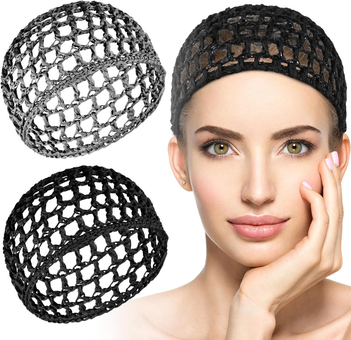 pieces - Mesh shower cap - hairnet - sleep cap - shower cover - sleep net - spa cap - headband - crocheted mesh wrap cap - stretch knitted net hairnet mesh - crocheted mesh sleep cap - women's headwear - headwear - hair accessories - black, grey