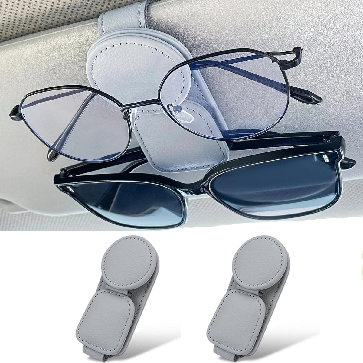 Sunglasses Holder for Car Sun Visor - 2 Pieces - Sunglasses Holder for Car Visor - Grey - Magnetic Leather Sunglasses Glasses Hanger Clip - Glasses Holder - for Car Sun Visor Accessories - Magnetic Glasses Holder - Visor Sunglasses Holder Clip