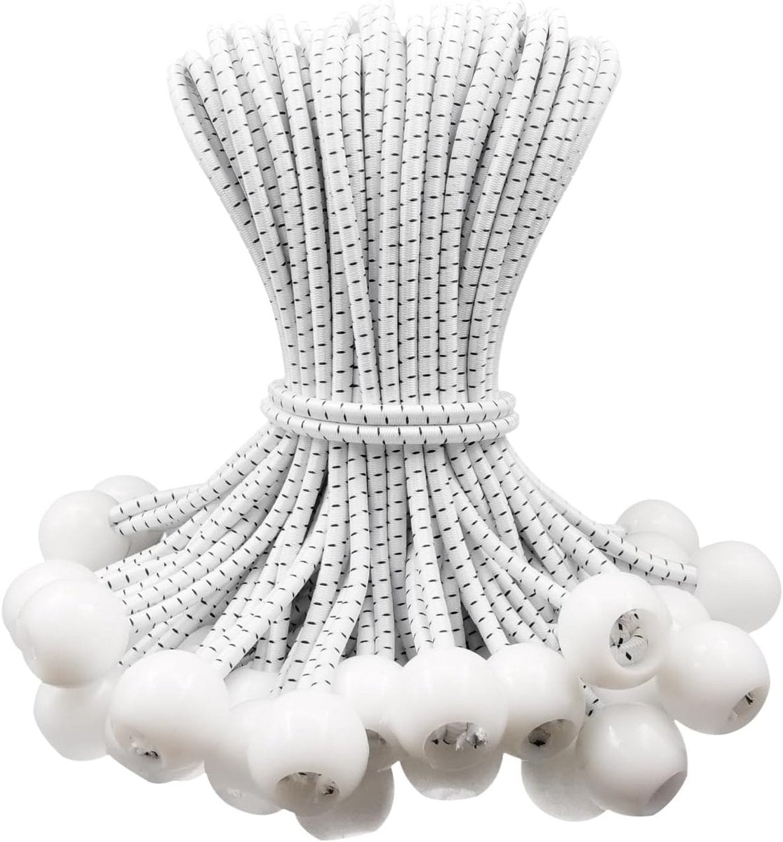 50 pieces - 6 inch - Elastic rope - Elastic cord - Tensioning elastic - tension cord - ball bungee cords - with balls - reusable - for golf nets, soccer goals, camping, tent poles, hose - white rope black spot - 150*22 mm