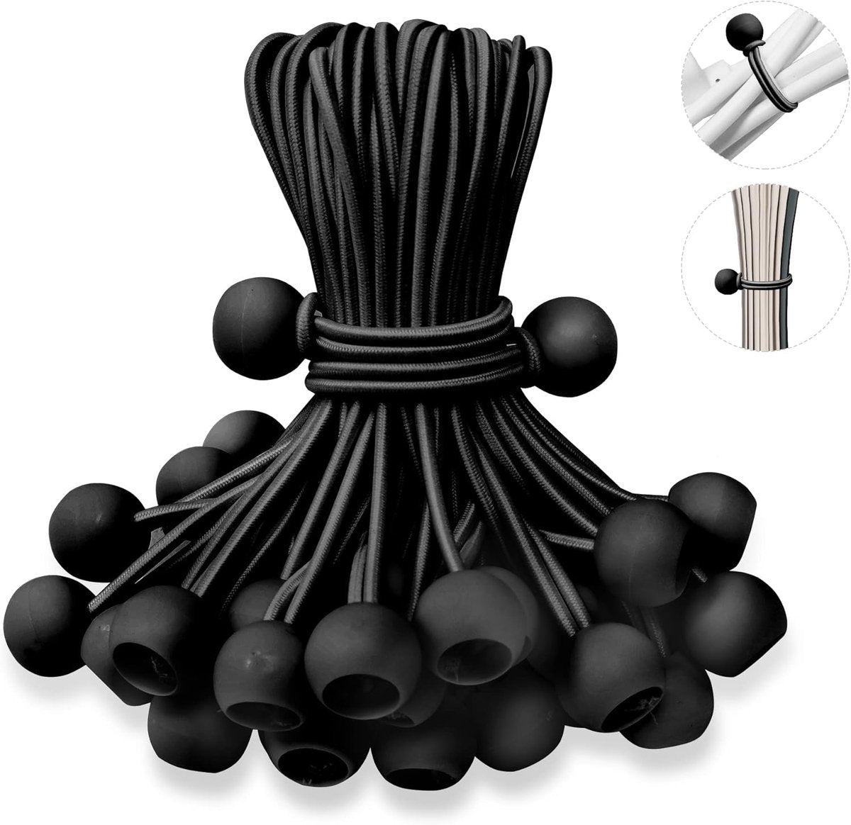 50 pieces - 6 inch - Elastic rope - Elastic cord - Tensioning elastic - tension cord - ball bungee cords - with balls - reusable - for golf nets, soccer goals, camping, tent poles, tubing - black - 150*22 mm