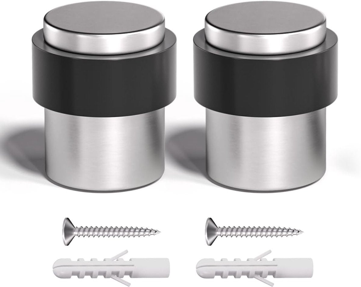 pieces - 40*40*45 mm - Door stop - cylindrical door stopper - stainless steel door stopper - for floor mounting - with black rubber - for indoor and outdoor use - holder for wall protectors for the bottom or top of the door - silver