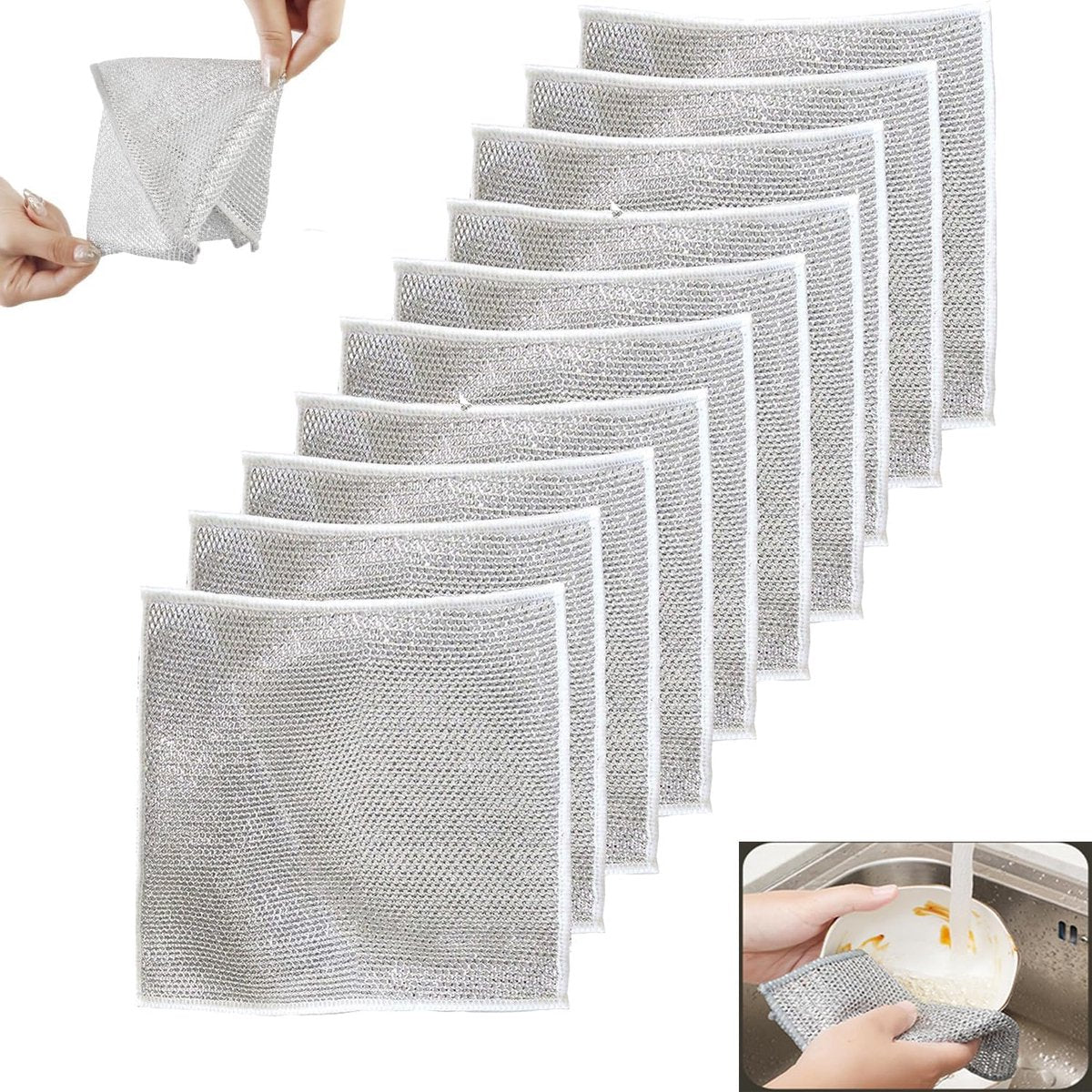 10 pieces - 20*20 cm - Multifunctional wire dishcloth - Dishcloth - double-layered - Cleaning cloth - for wet and dry dishes - scratch-free wire dishcloth - wire scrubbing cloths - for dishes - time-saving kitchen towels and cleaning cloths