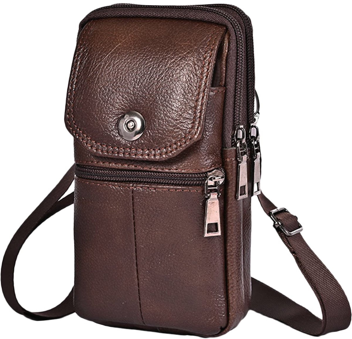 Leather Belt Bag - with Shoulder Strap - Leather Phone Waist Bag - Standing Small Belt Bag - Belt Bag - Men's Leather Shoulder Bag - Phone Holder - Vertical Phone Holder - Waist Belt - Smartphone Bag - Organizer - Waist Bag - Wallet - Shoulder Bag - Brown