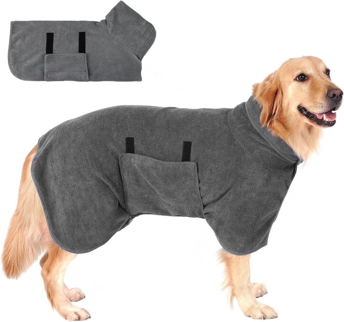 Dog bathrobe - Pet bath towel - Bathrobes for pets - Dog drying coat Bath towel - Dog towel - super absorbent dog towel - with Velcro - adjustable - for large, medium, small dogs - chest circumference 70 cm - grey - S
