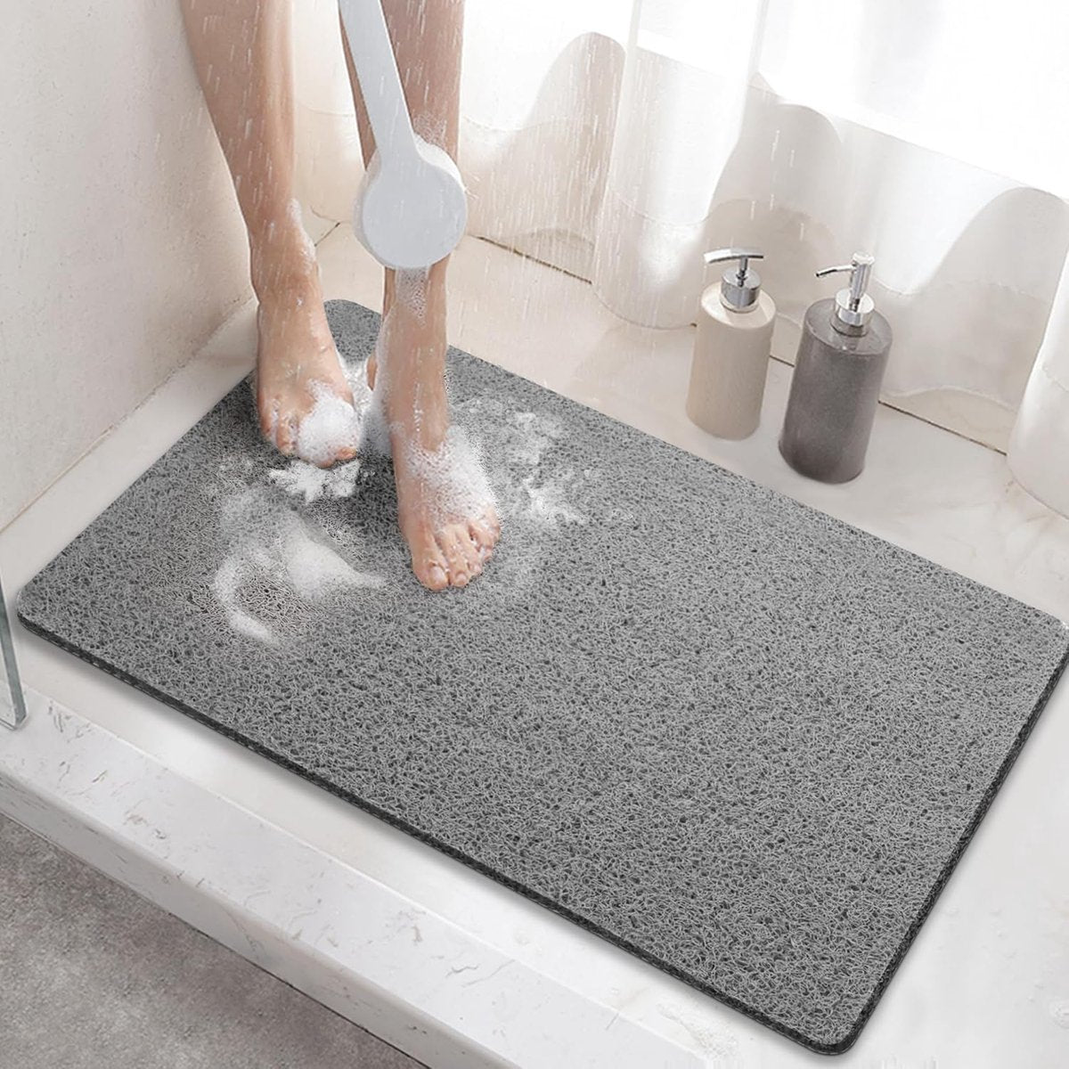 Non-slip shower mat - Non-slip bath mat - with drain - Non-slip water-permeable mat - Soft PVC loofah bath mat - Quick-drying - Grey - 40x60 cm