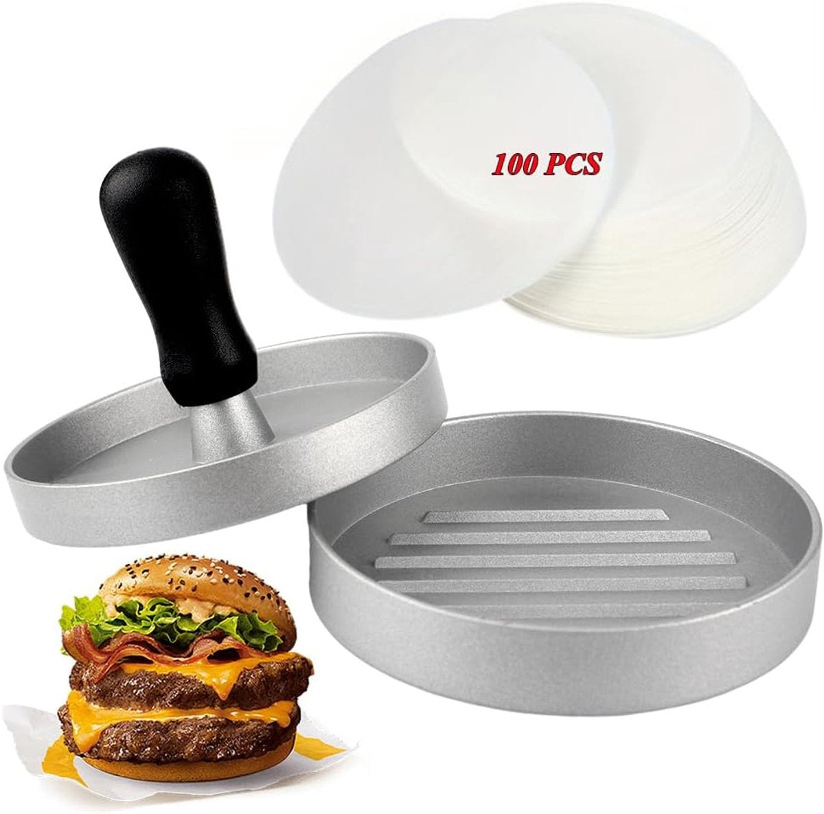 Hamburger press - with 100 non-stick sheets - 12*12*7.5 cm - Burger Press - Burger makers - non-stick meat burger maker - Hamburger mold - Meat press - Cooking utensils - kitchen tools - for BBQ, baking, stuffed hamburgers, beef burgers
