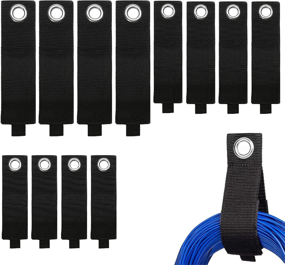 12 pieces - extension cord holder - sturdy storage straps - cable ties - cord storage holder - for hose, garage, rope, cables for home, basement, camper workshop, boat - black - 25*184 mm, 38*260 mm and 50*330 mm