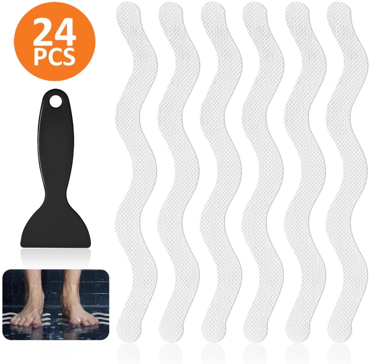 24 pieces - anti-slip stickers - 18*1.3cm - S-shape - anti-slip bath stickers - anti-slip shower stickers - shower stickers - safety strips for baths - for stairs, showers and slippery surfaces - with scraper - transparent