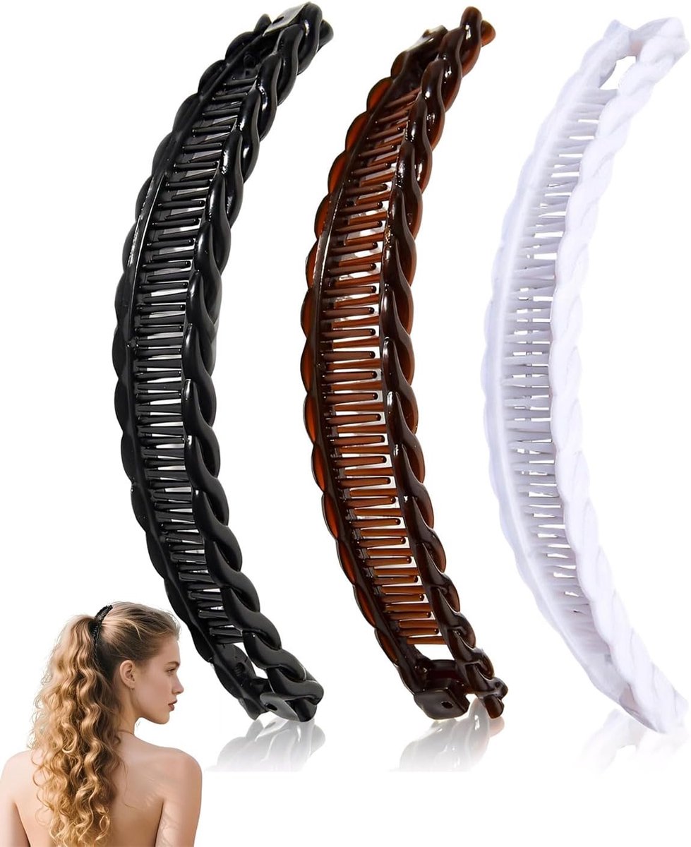 pieces - Banana clamp - Hair clip - Hair accessories - Hairpin - Banana hair clips - Ponytail clamp - Decorative ponytail clamp - Non-slip wearable hairpin - Hair clips for women - For women and girls with thin and thick hair - 15 cm - Black, white, brown