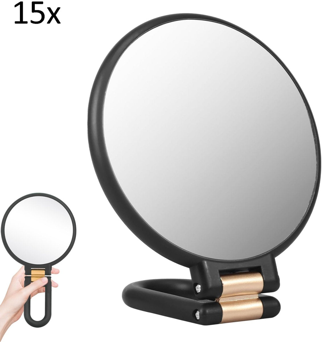 15X Magnifying Mirror - 24*14 cm - Hand Mirror with Folding Handle - Travel Magnifying Mirror with Handle - Double-Sided Magnifying Mirror - with 15x/1x Magnification - Portable Makeup Mirror - Multifunctional Hand Mirror - Black