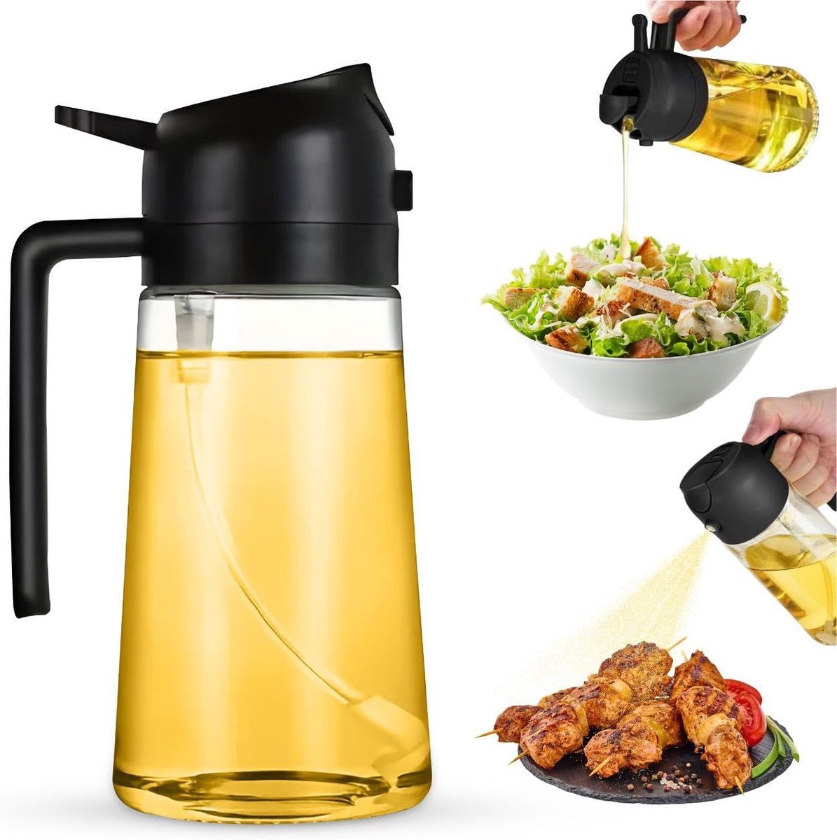 2-in-1 - Oil spray bottle - olive oil dispenser bottle - 470 ml - Olive oil sprayer - oil container - oil bottle - oil spray bottle - oil dispenser - oil atomizer - glass oil spray - kitchen utensil - spray and pour - for kitchen, BBQ, barbecue - black