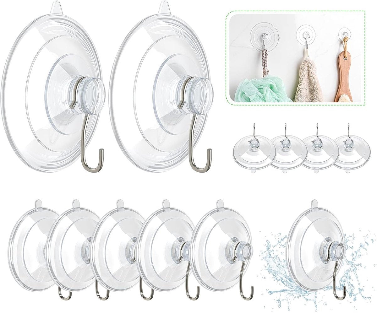 Suction Cup Hooks (12 Pieces) - Suction Cup Hooks - 1.77 Inch Clear Suction Cups - up to 3kg - with Metal Hooks - Threaded - Brute Strength - suction cup hooks - for Kitchen Bathroom Shower Wall Window Door - hanging hooks - suction cups sun protection - 