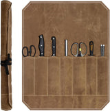 Chef Tools Protector - with 7 slots - Chef's knife roll bag - Knife bag - Waxed canvas knife bag - Cookware - knife case - knife holder - storage bag - cutlery tool roll bag - for camping - (Knives Not Included) - 45*56 cm - Khaki