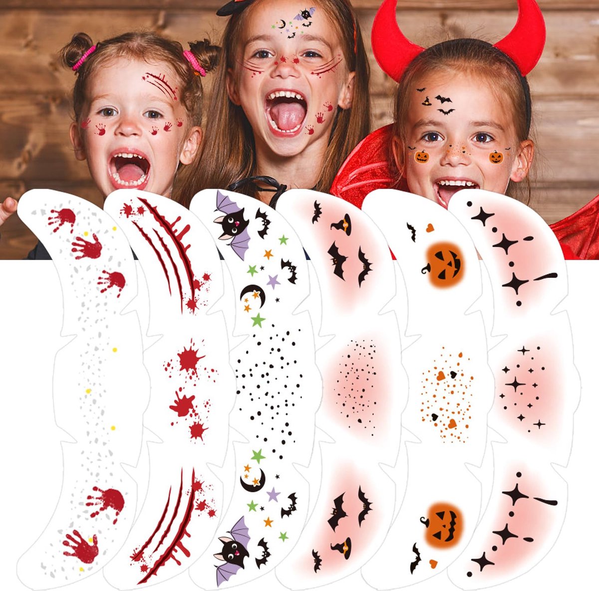 6 pieces - Temporary Face Tattoos - Halloween decoration - Glitter makeup stickers - Self-adhesive Tattoos for Adults - Festival Glitters - Face stickers - Halloween makeup
