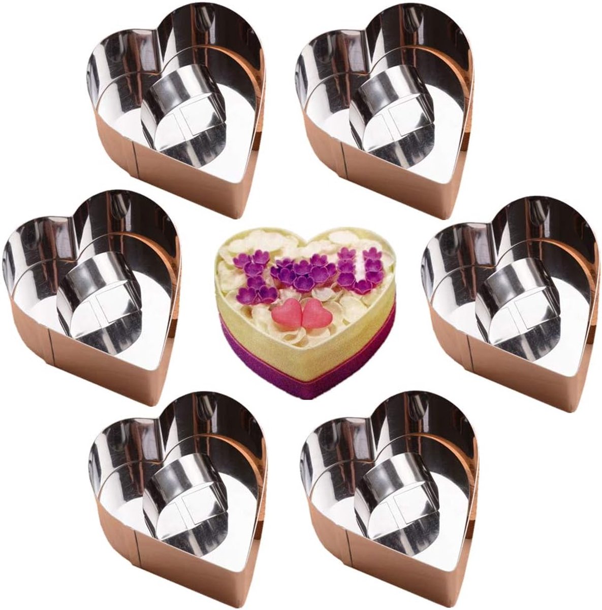 6 pieces - stainless steel - dessert rings - cake rings - with handle - molds - for baking and cooking cakes, mousses, and desserts - 8*3.8 cm - silver - Heart shape