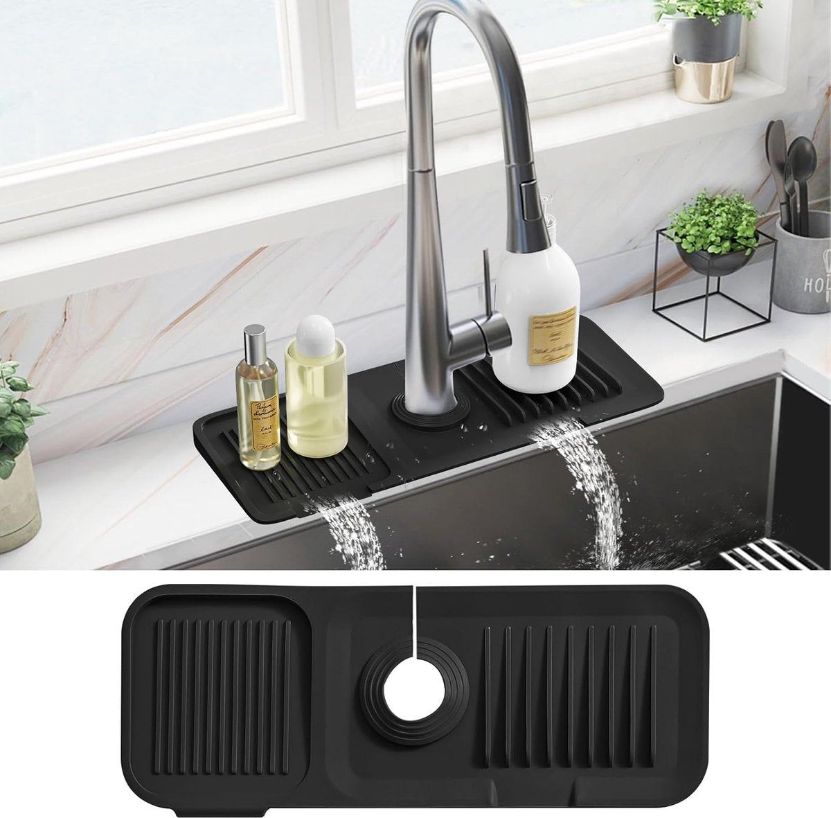 14" Drain Mat - Sink Mat - Faucet Mat - Kitchen Drying Mat - Splash Guard - Non-Slip - Kitchen Sink Protector - Silicone Short Drain Mat - for the sink, for kitchen utensils, cups, fruit and vegetables - Black