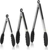 3-piece kitchen tongs set - 7/9/12 inch - Grill tongs - Grill accessories - With hanging loop - Cooking tongs - Heat resistant - Silicone non-stick coating - Stainless steel handles - Ideal for grilling food, salads, frying, and serving - Black