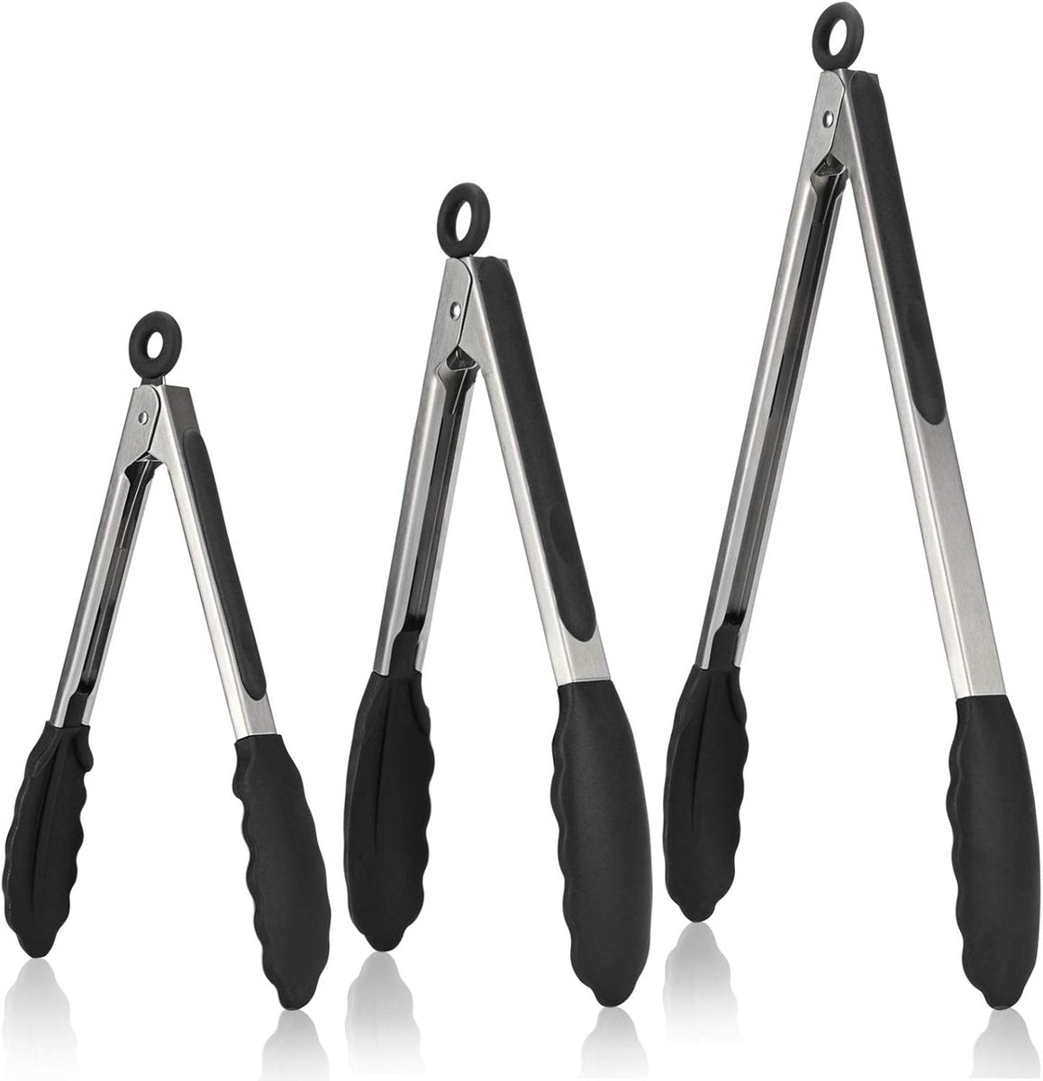 3-piece kitchen tongs set - 7/9/12 inch - Grill tongs - Grill accessories - With hanging loop - Cooking tongs - Heat resistant - Silicone non-stick coating - Stainless steel handles - Ideal for grilling food, salads, frying, and serving - Black