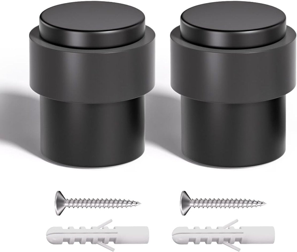 2 pieces - 40*40*45 mm - Door stop - cylindrical door stopper - stainless steel door stopper - for floor mounting - with black rubber - for indoor and outdoor use - holder for wall protectors for the bottom or top of the door - black